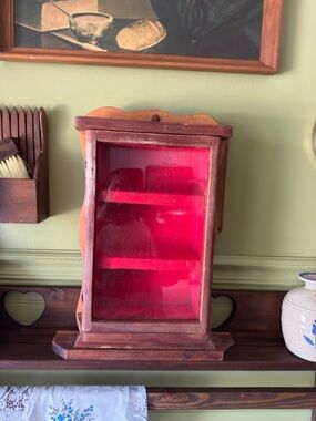 Vintage Wooden Display Cabinet with Red Lined Interior